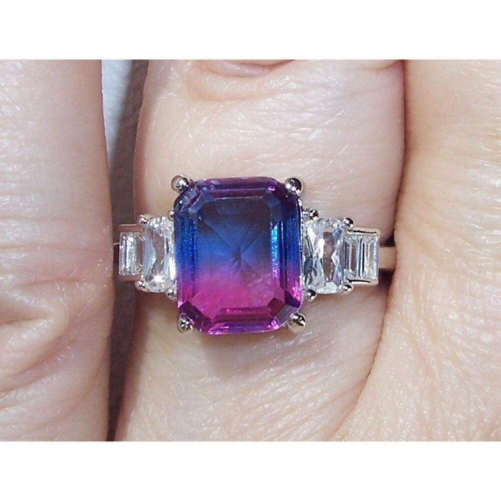 925 STERLING SILVER Bicolor Cubic Zirconia & Baguette Ring Blue & Pink - Picture 5 of 16